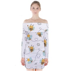 Bee Art Pattern Design Wallpaper Background Print Long Sleeve Off Shoulder Dress by uniart180623