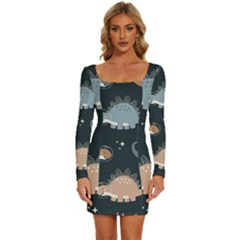 Dino Art Pattern Design Wallpaper Background Long Sleeve Square Neck Bodycon Velvet Dress by uniart180623