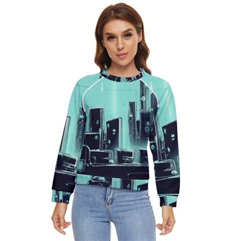 Buildings City Urban Destruction Background Women s Long Sleeve Raglan Tee by uniart180623