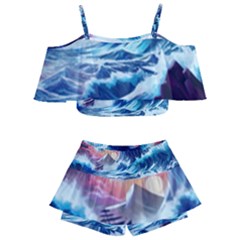 Storm Tsunami Waves Ocean Sea Nautical Nature Kids  Off Shoulder Skirt Bikini by uniart180623