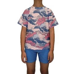 Waves Ocean Sea Water Pattern Rough Seas Kids  Short Sleeve Swimwear by uniart180623