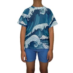 Waves Ocean Sea Pattern Water Tsunami Rough Seas Kids  Short Sleeve Swimwear by uniart180623