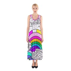 Rainbow Fun Cute Minimal Doodle Drawing Art Sleeveless Maxi Dress by uniart180623