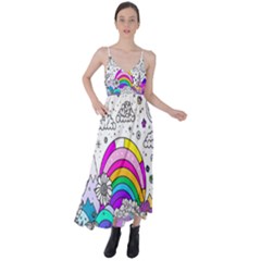 Rainbow Fun Cute Minimal Doodle Drawing Art Tie Back Maxi Dress by uniart180623