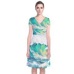 Waves Ocean Sea Tsunami Nautical Art Short Sleeve Front Wrap Dress by uniart180623