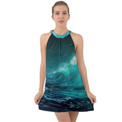 Tsunami Waves Ocean Sea Nautical Nature Water Halter Tie Back Chiffon Dress by uniart180623