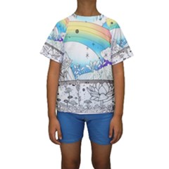 Rainbow Fun Cute Minimal Doodle Drawing Arts Kids  Short Sleeve Swimwear by uniart180623