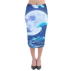 Waves Ocean Sea Tsunami Nautical Blue Velvet Midi Pencil Skirt by uniart180623