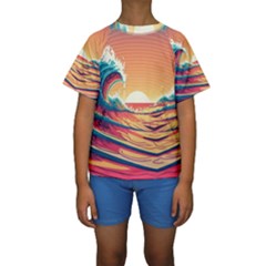 Waves Ocean Sea Tsunami Nautical Art Nature Kids  Short Sleeve Swimwear by uniart180623