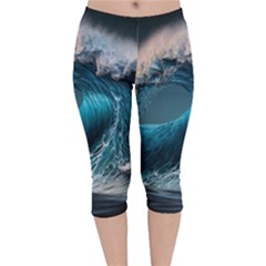 Tsunami Waves Ocean Sea Water Rough Seas Velvet Capri Leggings  by uniart180623