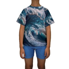 Tsunami Waves Ocean Sea Water Rough Seas Kids  Short Sleeve Swimwear by uniart180623