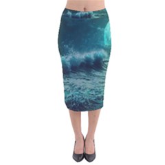 Waves Ocean Sea Tsunami Nautical Blue Sea Art Velvet Midi Pencil Skirt by uniart180623