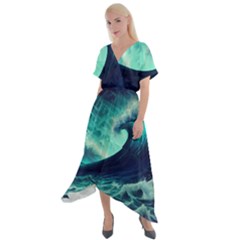 Ai Generated Waves Ocean Sea Tsunami Nautical Fantasy Cross Front Sharkbite Hem Maxi Dress by uniart180623