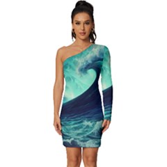 Ai Generated Waves Ocean Sea Tsunami Nautical Fantasy Long Sleeve One Shoulder Mini Dress by uniart180623