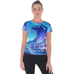 Tsunami Tidal Wave Ocean Waves Sea Nature Water Blue Short Sleeve Sports Top  by uniart180623