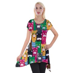 Cat Funny Colorful Pattern Short Sleeve Side Drop Tunic by uniart180623