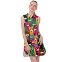 Cat Funny Colorful Pattern Sleeveless Shirt Dress View1