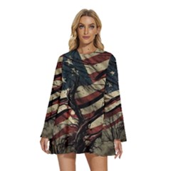 Flag Usa American Flag Round Neck Long Sleeve Bohemian Style Chiffon Mini Dress by uniart180623