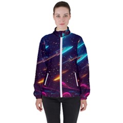 Night Sky Neon Spaceship Drawing Women s High Neck Windbreaker by Ravend