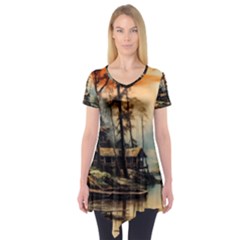 Fantasy Landscape Foggy Mysterious Short Sleeve Tunic  by Ravend