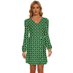 Mazipoodles Green Donuts Polka Dot Long Sleeve Waist Tie Ruffle Velvet Dress by Mazipoodles