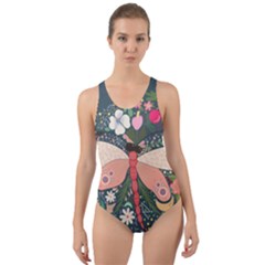 Bug Nature Flower Dragonfly Cut-out Back One Piece Swimsuit by Ravend