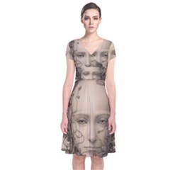 Cyborg Robot Future Drawing Poster Short Sleeve Front Wrap Dress by Ravend