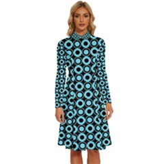 Mazipoodles Blue Donuts Polka Dot Long Sleeve Shirt Collar A-line Dress by Mazipoodles