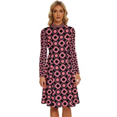 Mazipoodles Red Donuts Polka Dot  Long Sleeve Shirt Collar A-line Dress by Mazipoodles