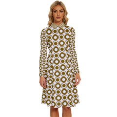 Mazipoodles Olive White Donuts Polka Dot Long Sleeve Shirt Collar A-line Dress by Mazipoodles