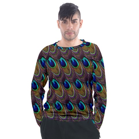 Peacock-feathers-bird-plumage Men s Long Sleeve Raglan Tee by Ravend