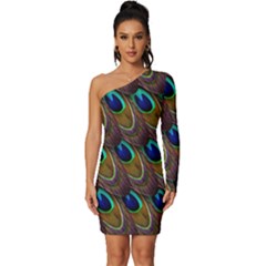 Peacock-feathers-bird-plumage Long Sleeve One Shoulder Mini Dress by Ravend