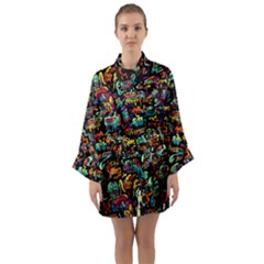 Cartoon Monster Pattern Abstract Background Long Sleeve Satin Kimono by uniart180623