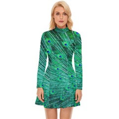 Green And Blue Peafowl Peacock Animal Color Brightly Colored Long Sleeve Velour Longline Dress by uniart180623