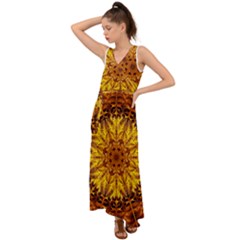 Abstract Gold Mandala Yellow V-neck Chiffon Maxi Dress by uniart180623