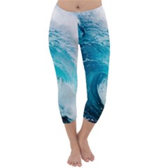 Tsunami Big Blue Wave Ocean Waves Water Capri Winter Leggings  by uniart180623