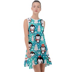 Blue Penguin Pattern Christmas Frill Swing Dress by uniart180623