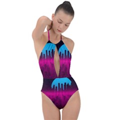 Futuristic Cityscape Plunge Cut Halter Swimsuit by uniart180623