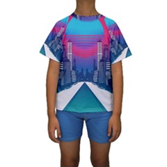 Retro Cityscape Artist Artwork Digital Art Kids  Short Sleeve Swimwear by uniart180623