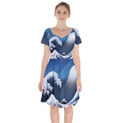 The Great Wave Off Kanagawa Short Sleeve Bardot Dress by Grandong