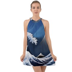 The Great Wave Off Kanagawa Halter Tie Back Chiffon Dress by Grandong