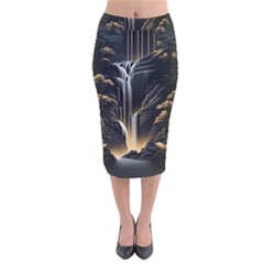 Waterfall Water Nature Springs Velvet Midi Pencil Skirt by Simbadda