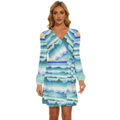 Ocean Sea Waves Beach Long Sleeve Waist Tie Ruffle Velvet Dress by Simbadda