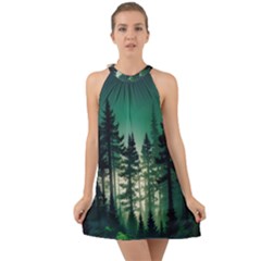 Magic Pine Forest Night Landscape Halter Tie Back Chiffon Dress by Simbadda