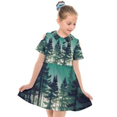 Magic Pine Forest Night Landscape Kids  Short Sleeve Shirt Dress by Simbadda