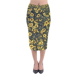 Sunflowers Yellow Flowers Flowers Digital Drawing Velvet Midi Pencil Skirt by Simbadda