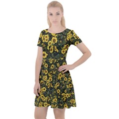 Sunflowers Yellow Flowers Flowers Digital Drawing Cap Sleeve Velour Dress  by Simbadda