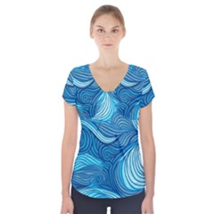 Ocean Waves Sea Abstract Pattern Water Blue Short Sleeve Front Detail Top by Simbadda