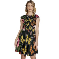 Flowers Butterfly Blooms Flowering Spring Cap Sleeve High Waist Dress by Simbadda