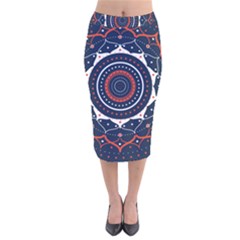 Mandala Orange Navy Velvet Midi Pencil Skirt by Simbadda